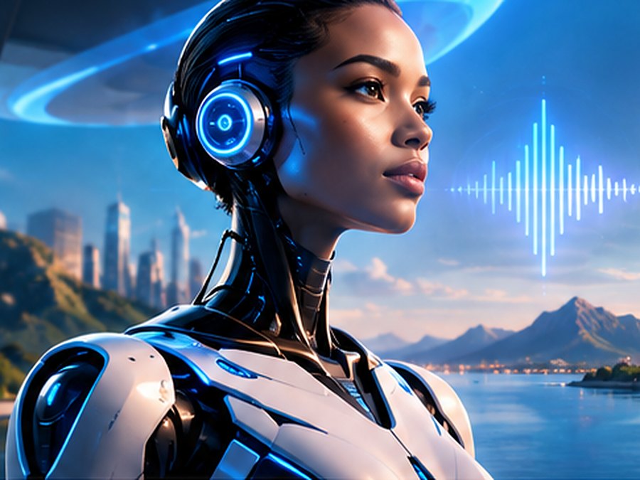 Humanoïde à l'écoute, casque lumineux, devant une ville au bord de l'eau