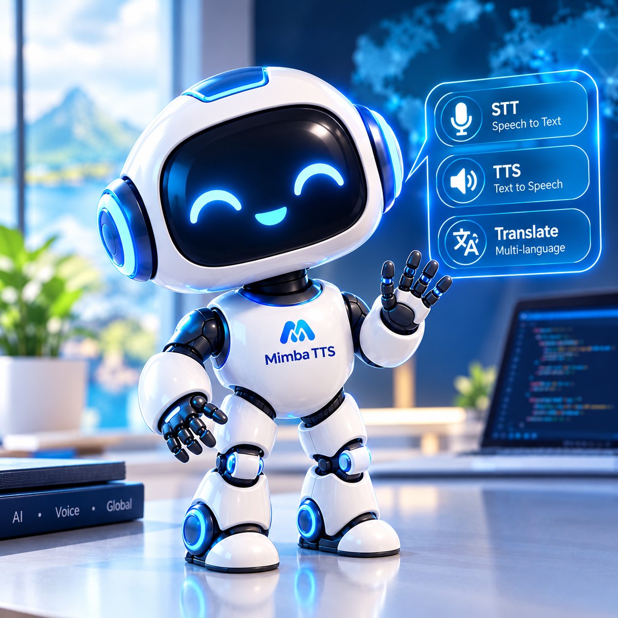 Petit robot Mimba TTS qui salue de la main, à côté des bulles STT, TTS et Translate
