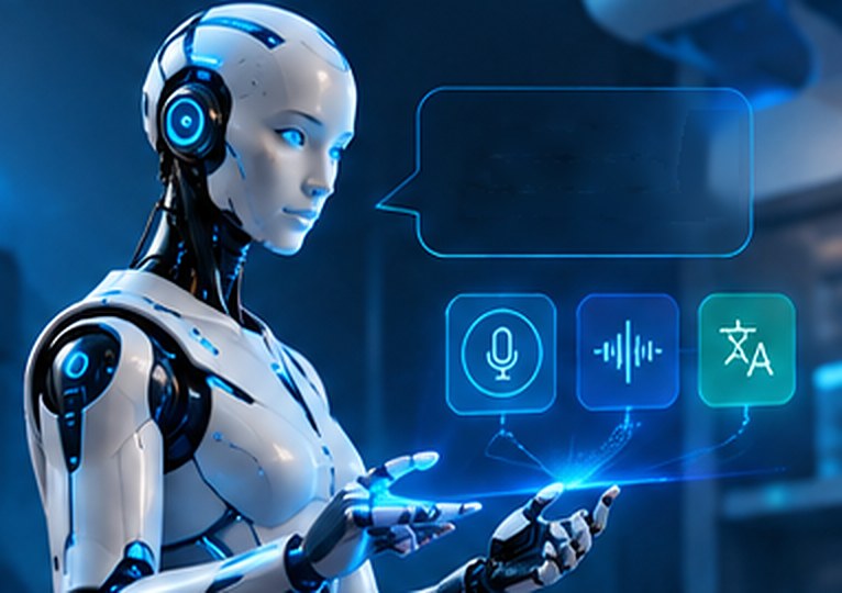 Humanoïde blanc tendant la main vers trois icônes : micro, onde sonore, traduction